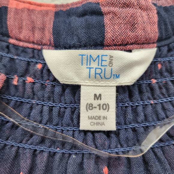 NEW Time and Tru Top Womens M Blue Pink Button Down 3/4 Puff Sleeves Peasant - Picture 4 of 9